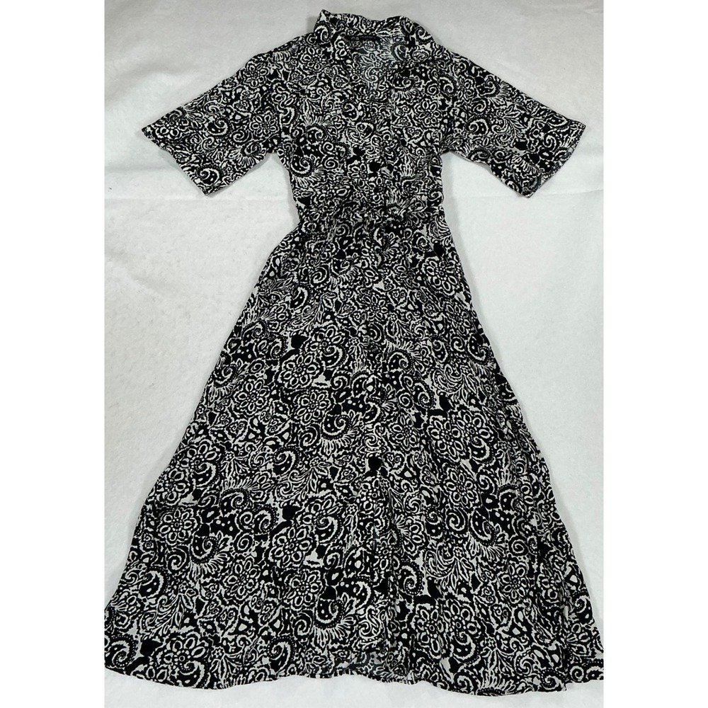 Zara Black White Paisley Floral Midi Shirt Dress Short Sleeve Pockets XS